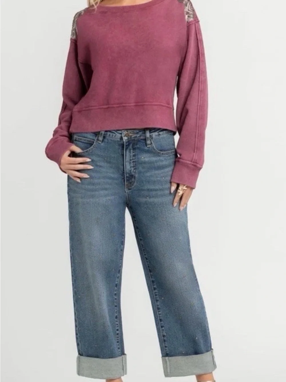 Jessica Simpson Women's Boyfriend Jeans Straight WideLeg Cuff NWT- SZ 16W Studed - Picture 2 of 4